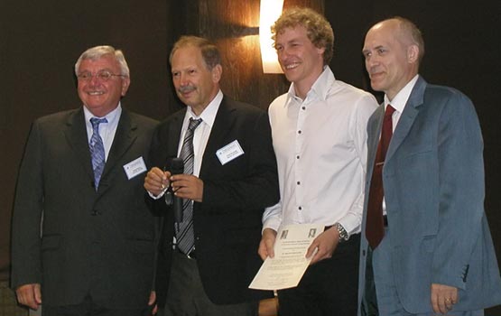 Ward De Spiegelaere receives the Zietzschmann-Preuss Award 2011 from Prof. R. Henry (President of the World 
						Association of Veterinary Anatomists), Prof. F. Sinowatz (Editor-in-Chief of the journal Anatomia Histologia Embryologia) 
						and Prof. P. Simoens